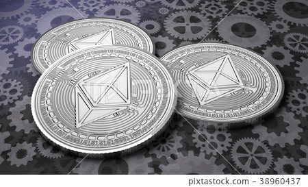 Three thereum coins on gear floor background  38960437