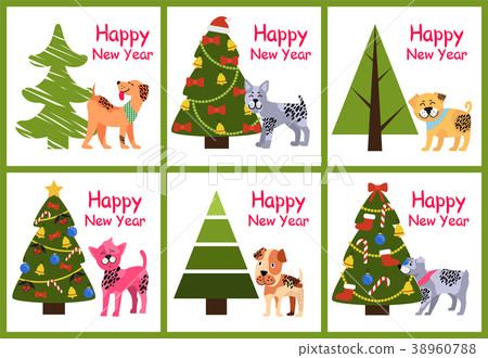 Happy New Year Posters Set Christmas Trees Puppies Happy New Year Posters Set Christmas Trees Puppies 38960788