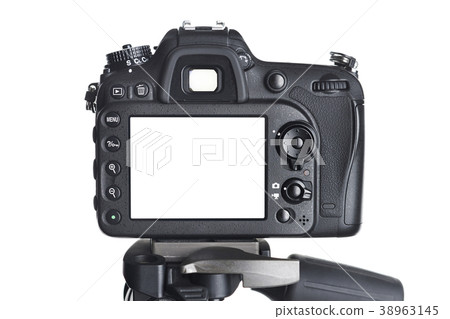Back view SLR camera on tripod isolated white 38963145