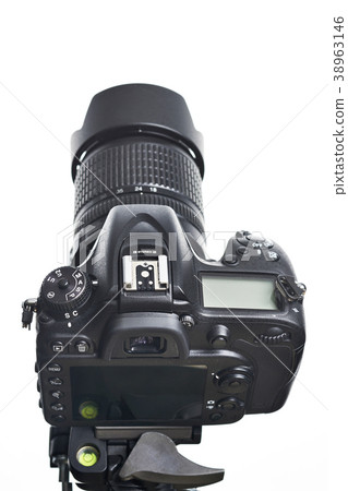 Top back view SLR camera on tripod isolated white 38963146