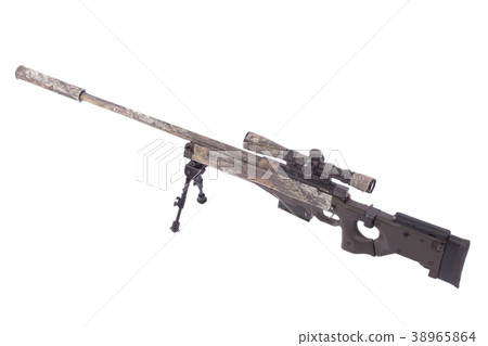 camouflaged modern sniper rifle with scope 38965864