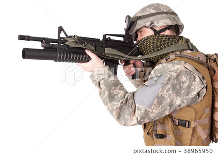 US soldier with assault rifle on white background 38965950