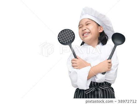 Happy asian girl chef holding cooking utensils 38972712