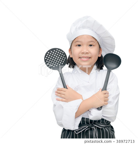 Happy asian girl chef holding cooking utensils 38972713