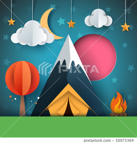 Cartoon paper landscape. Tree, mountain, fire Cartoon paper landscape. Tree, mountain, fire 38973364