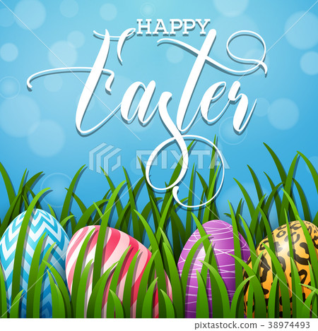 Happy Easter background with colored eggs in the g 38974493