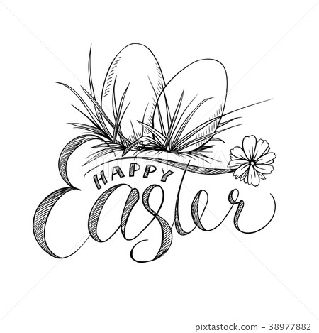 Easter Lettering and Two Eggs with Grass, Camomile 38977882