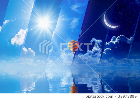 Day and night, sun and moon, hot air balloon Day and night, sun and moon, hot air balloon 38978899