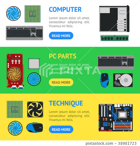 Cartoon Pc Components Banner Horizontal Set Stock Illustration