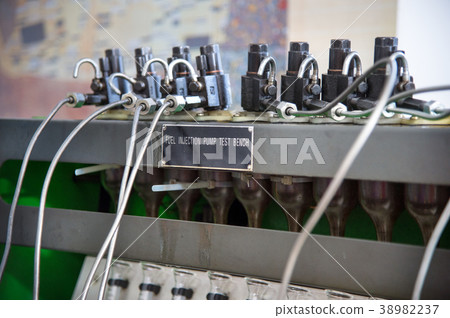close-up high pressure diesel fuel pump test bench close-up high pressure diesel fuel pump test bench 38982237