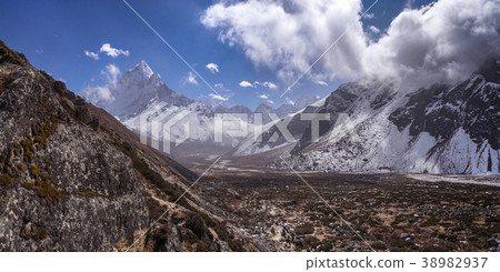 Ama Dablam summit and Pheriche valley in Himalayas Ama Dablam summit and Pheriche valley in Himalayas 38982937