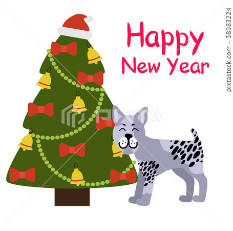 Happy New Year Banner with Grey Dog near Xmas Tree Happy New Year Banner with Grey Dog near Xmas Tree 38983224