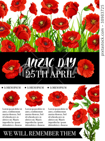Anzac Day memorial banner with red poppy flower - Stock Illustration ...