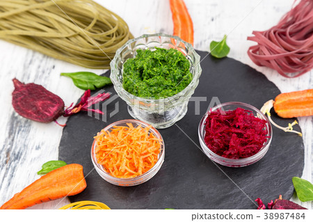 Colored Raw Vegetable Vegetarian Pasta. 38987484