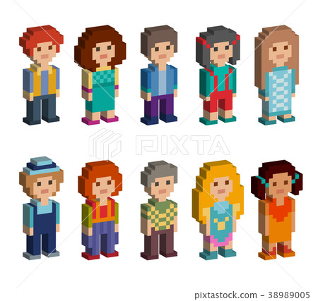 Set of cute pixel art style isometric characters 38989005