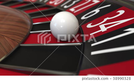 Casino roulette wheel ball hits 34 thirty-four red 38990328