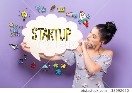 Startup with woman holding a speech bubble 38992620