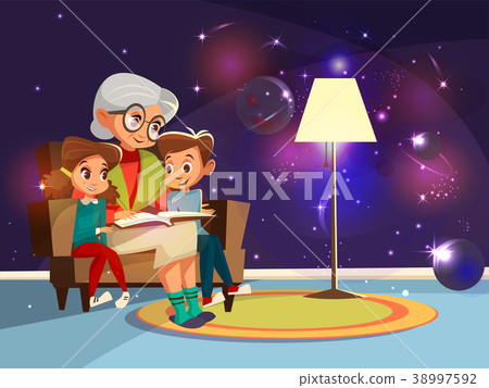 Vector cartoon grandmother reading to girl boy Vector cartoon grandmother reading to girl boy 38997592