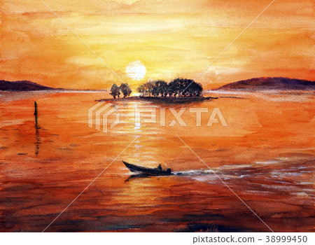 手繪水彩畫描繪宍道湖的日落和漁船 38999450