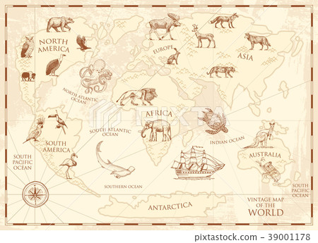 Vintage world map with wild animals and mountains 39001178
