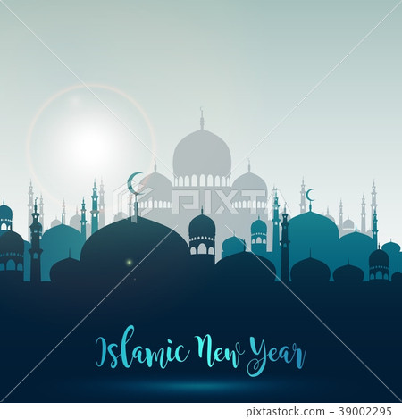 Happy islamic new year with silhouette mosque 39002295