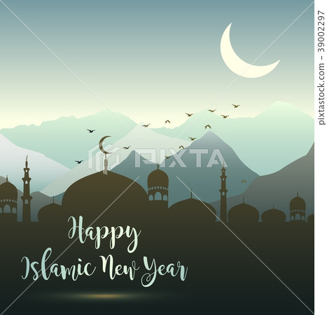 Happy islamic new year with silhouette mosque and  39002297