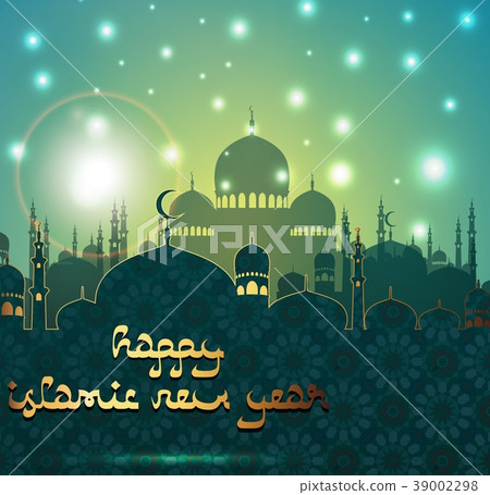 Happy islamic new year with silhouette mosque 39002298