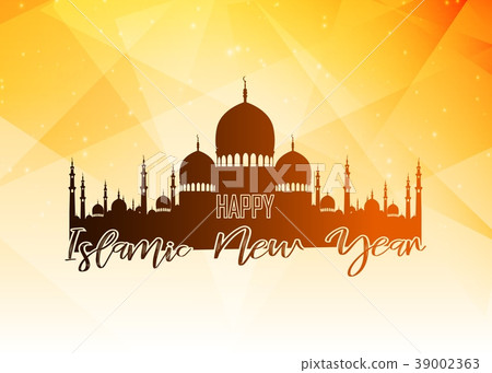 Happy islamic new year with silhouette mosque on p 39002363