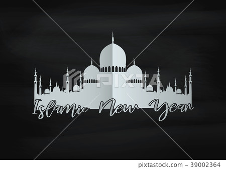 appy islamic new year with white mosque silhouette 39002364