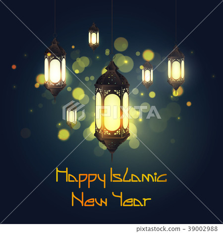 Happy new Hijri year with hanging lantern on bokeh 39002988