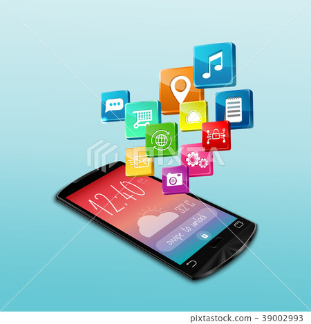 Black smartphone with application icons on white b Black smartphone with application icons on white b 39002993
