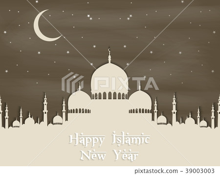 Happy islamic new year with silhouette mosque and  39003003