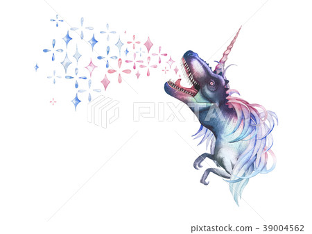 Watercolor tyrannosaurus with unicorn horn and 39004562