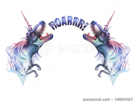 Watercolor tyrannosauruses with unicorn horn and 39004567