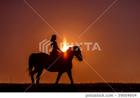 Woman riding a horse at sunset 39004604