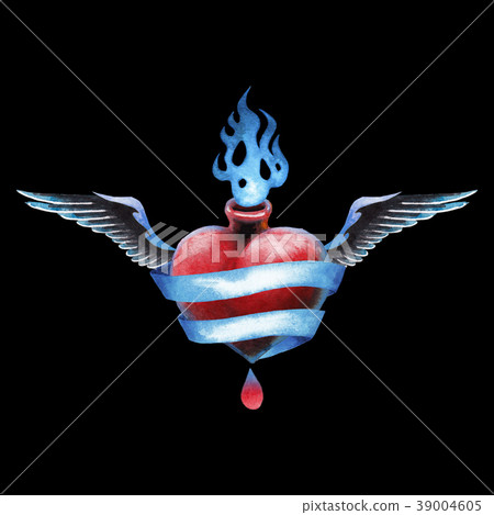 Watercolor winged flaming heart with ribbon 39004605