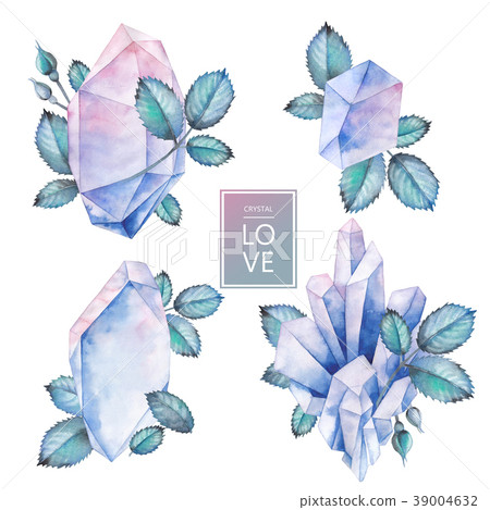 Watercolor crysrtals and leaves 39004632