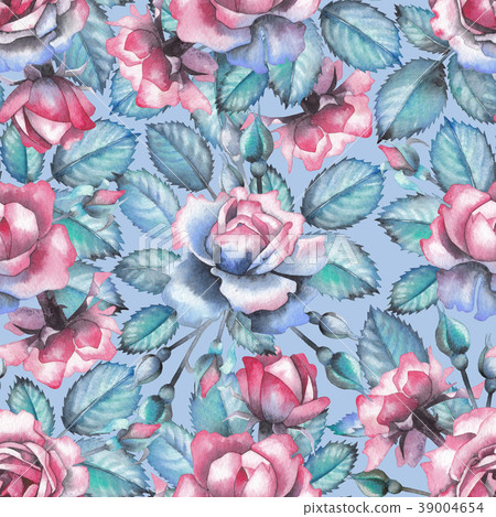 Watercolor pattern with rose leaves and flowers Watercolor pattern with rose leaves and flowers 39004654