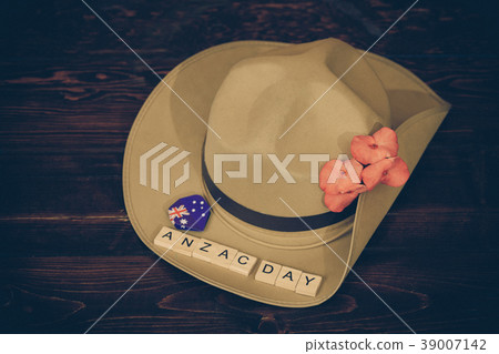 Anzac army slouch hat with red flower on vintage Anzac army slouch hat with red flower on vintage 39007142