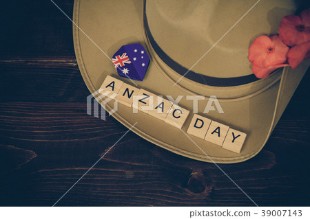 Anzac army slouch hat with red flower on vintage Anzac army slouch hat with red flower on vintage 39007143