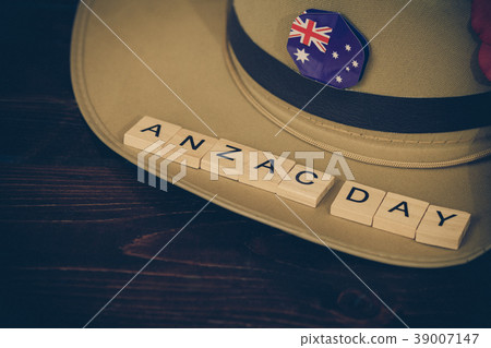 Anzac army slouch hat with red flower on vintage Anzac army slouch hat with red flower on vintage 39007147