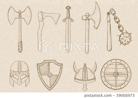 Old set of weapons and equipment. Hand drawn Old set of weapons and equipment. Hand drawn 39008973