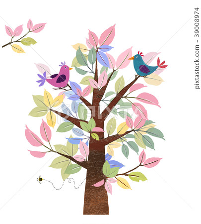 Colorful colored trees and two lovebirds Colorful colored trees and two lovebirds 39008974