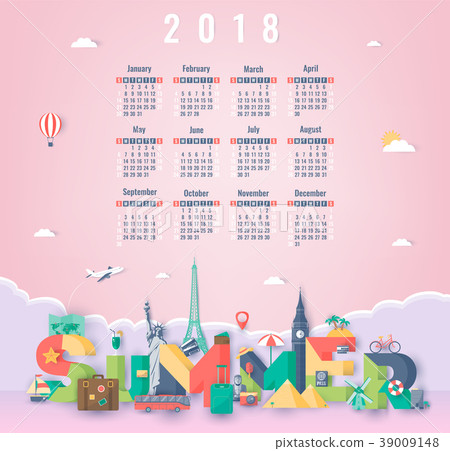 Calendar for 2018 with famous world landmarks 39009148