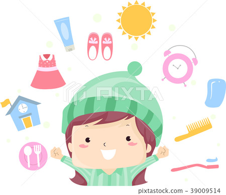 Kid Girl Morning Routine Illustration - Stock Illustration [39009514 ...