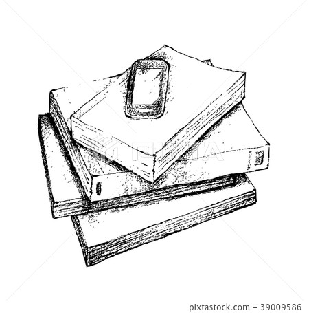 Hand Drawn Stack of Books with Smart Phone 39009586