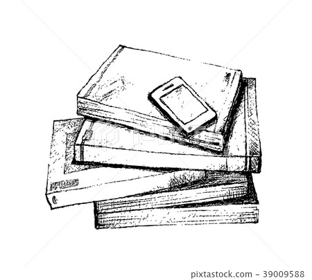 Hand Drawn Stack of Books with Smart Phone 39009588