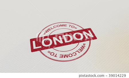 WELCOME TO LONDON stamp red print on the paper. 3D WELCOME TO LONDON stamp red print on the paper. 3D 39014229