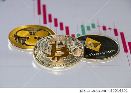 Cryptocurrency coins over trading graphic, Bitcoin Cryptocurrency coins over trading graphic, Bitcoin 39014591