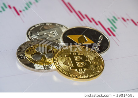 Cryptocurrency coins over trading graphic, Bitcoin Cryptocurrency coins over trading graphic, Bitcoin 39014593